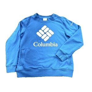 Columbia Sweatshirt Men M Trek Fleece Logo Crew Neck Azura Blue Pullover Pockets